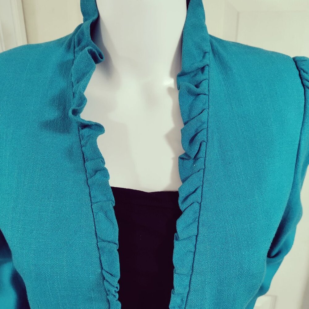 Cassidy Puff Sleeve Ruffle Twee Vintage 80s Tweed Office Blazer Turquoise US 8 - Picture 3 of 11